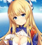  akanagi_youto azur_lane blonde_hair blue_eyes blue_vest breasts cleavage cloud commentary day frilled_shirt frills glorious_(azur_lane) gloves hair_ornament hand_on_own_chest large_breasts lint_roller long_hair ocean shirt sky uniform uniform_vest upper_body vest white_gloves wristband 