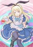  alice_(wonderland) alice_(wonderland)_(cosplay) alice_in_wonderland apron black_footwear black_hairband black_legwear blonde_hair blue_dress blue_eyes boots cosplay cup dress gloves hairband highres jervis_(kantai_collection) kantai_collection kosai_takayuki long_hair look-alike looking_at_viewer open_mouth pantyhose sitting smile solo tea teacup white_gloves 