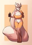  2018 5_fingers anthro barefoot big_breasts blonde_hair breasts canine clothed clothing digital_media_(artwork) eyewear female glasses hair mammal navel off_shoulder simple_background smile solo spefides standing yellow_eyes 