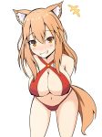  1girl absurdres animal_ear_fluff animal_ears arms_behind_back ass_visible_through_thighs bangs bare_shoulders bikini blush breasts brown_eyes cleavage commentary_request criss-cross_halter eyebrows_visible_through_hair fate/extra fate/extra_ccc fate/extra_ccc_fox_tail fate_(series) fox_ears fox_girl fox_tail grin hair_between_eyes halterneck highres large_breasts leaning_forward light_brown_hair long_hair looking_at_viewer mitchi navel red_bikini simple_background smile solo suzuka_gozen_(fate) swimsuit tail white_background 