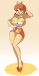  1girl alternate_breast_size big_lips blue_eyes breasts brown_hair cleavage freckles gloves huge_breasts lips looking_at_viewer mario_(series) princess_daisy sealguy solo super_mario_bros. thick_thighs thighs wide_hips 