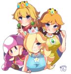  :3 bangs blue_dress blue_eyes blush braid breasts closed_mouth commentary crown dress earrings herunia_kokuoji index_finger_raised jewelry large_breasts licking_lips mario_(series) mario_tennis multiple_girls mushroom pink_hair princess_daisy princess_peach red_vest rosetta_(mario) shirt signature sleeveless super_mario_bros. super_mario_galaxy toadette tongue tongue_out twintails vest yellow_shirt 