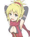  armpits arms_behind_head arms_up bangs black_gloves blonde_hair blush braid breasts cleavage cleavage_cutout commentary cosplay dress elbow_gloves eyebrows_visible_through_hair fate/apocrypha fate_(series) gloves green_eyes hair_between_eyes hair_ornament hair_scrunchie highres medium_breasts mitchi mordred_(fate) mordred_(fate)_(all) nose_blush okita_souji_(alter)_(fate) okita_souji_(alter)_(fate)_(cosplay) okita_souji_(fate)_(all) open_mouth ponytail red_dress red_scarf red_scrunchie scarf scrunchie simple_background solo sweat wavy_mouth white_background 