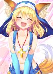  :d animal_ear_fluff animal_ears blonde_hair blue_gloves blush bra bucchake_(asami) closed_eyes collarbone cross cross_necklace elbow_gloves eyebrows_visible_through_hair facing_viewer flat_chest fox_ears fox_tail gloves happy jewelry medium_hair midriff navel necklace ootomo_sourin_(sengoku_otome) open_mouth sengoku_otome slingshot smile solo standing suspenders tail underwear upper_body white_bra 