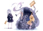  abigail_williams_(fate/grand_order) black_bow black_dress blonde_hair bow commentary_request dress fate/grand_order fate_(series) grey_hair holding holding_stuffed_animal holding_toy horn kona_(konahana) lavinia_whateley_(fate/grand_order) long_hair long_sleeves looking_at_another lying mary_janes multiple_girls on_back orange_bow polka_dot polka_dot_bow red_eyes red_footwear shoes standing stuffed_animal stuffed_toy tears water white_background white_bloomers 