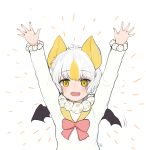  1girl animal_ears bat_ears bat_wings blonde_hair blush bow bowtie commentary dnsdltkfkd eyebrows_visible_through_hair fang fur_collar fur_trim hands_up highres honduran_white_bat_(kemono_friends) kemono_friends long_sleeves multicolored_hair open_mouth short_hair solo sweater upper_body white_hair wings yellow_eyes 