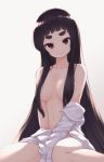  bangs breasts brown_hair closed_mouth collarbone commentary grey_background hair_censor hair_over_breasts head_tilt kuranami_shiki large_breasts long_hair looking_at_viewer naked_shirt natsuki_teru navel original red_eyes shirt simple_background solo thick_eyebrows very_long_hair white_shirt 