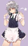  ;) apron asuzemu blue_eyes blue_skirt blue_vest blush bow braid commentary cowboy_shot double_v eyebrows_visible_through_hair frilled_apron frills green_bow green_neckwear green_ribbon hair_bow hands_up head_tilt izayoi_sakuya looking_at_viewer maid maid_apron maid_headdress neck_ribbon one_eye_closed petticoat puffy_short_sleeves puffy_sleeves purple_background ribbon short_hair short_sleeves silver_hair simple_background skirt smile solo standing star thighs touhou twin_braids v vest waist_apron white_apron wing_collar wrist_cuffs 