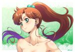  bishoujo_senshi_sailor_moon blush brown_hair collarbone earrings flower_earrings green_background green_eyes hair_bobbles hair_ornament jewelry kino_makoto kouda_tomohiro lips long_hair looking_at_viewer nude ponytail sidelocks smile solo sparkle sparkle_background star starry_background twitter_username upper_body very_long_hair 