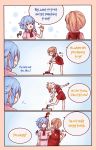  4koma ? blonde_hair blush brown_eyes closed_mouth comic commentary english english_commentary flandre_scarlet highres jitome lavender_hair looking_at_another multiple_girls open_mouth parted_lips remilia_scarlet short_hair short_ponytail side_ponytail sparkle speech_bubble touhou wings yoruny 