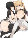  2l_(2lsize) 3: animal_ears apron areola_slip areolae ass black_eyes black_hair black_legwear blonde_hair blue_eyes blush breasts cat_ears choker clenched_teeth commentary_request covering_nipples dog_ears hair_censor hair_ribbon highres long_hair looking_at_viewer maid medium_breasts multiple_girls original panties protected_link puffy_short_sleeves puffy_sleeves ribbon short_hair short_sleeves simple_background sitting teeth thighhighs twintails underwear waist_apron white_background white_legwear white_panties wrist_cuffs yokozuwari 