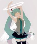  1girl angel_wings armpits arms_up bare_arms bare_shoulders black_skirt blue_neckwear breasts commentary expressionless eyes_closed grey_background grey_shirt halo hatsune_miku hoop hula_hoop long_hair necktie sanshichi_(eytc4832) shirt simple_background skirt sleeveless sleeveless_shirt small_breasts solo standing thighhighs thighs twintails upper_body very_long_hair vocaloid wings 