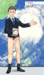  aper black_legwear blue_neckwear blush bottomless embarrassed erection highres looking_at_viewer male_focus map necktie open_mouth original outstretched_hand penis socks solo suit_jacket weatherman 
