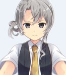  asymmetrical_hair black_vest buttons collared_shirt commentary frown grey_background grey_eyes grey_hair kantai_collection looking_at_viewer necktie nowaki_(kantai_collection) shirt short_sleeves simple_background solo upper_body vest white_hair white_shirt yellow_neckwear yukichi_(eikichi) 
