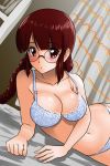  :o arm_support artist_name bangs blue_bra blue_panties blunt_bangs blush bra braid breasts brown_eyes brown_hair cleavage clenched_hand collarbone curtains dated dutch_angle eyebrows_visible_through_hair glasses lace lace-trimmed_bra long_hair looking_at_viewer lying matsui_yasutsugu medium_breasts navel on_bed on_side original panties parted_lips round_eyewear signature solo twin_braids twintails underwear 