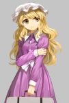  bangs blonde_hair bow briefcase buttons closed_mouth collared_dress dress grey_background hand_on_own_arm hat highres holding long_hair long_sleeves maribel_hearn mob_cap purple_dress solo suna_(s73d) touhou wavy_hair white_bow white_hat yellow_eyes 