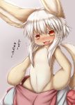  2018 blush clothing fangs female fur hair hollow_(species) horokusa0519 japanese_text made_in_abyss nanachi open_mouth solo tan_fur text translated undressing white_hair 