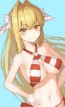  absurdres bikini blonde_hair blue_background breasts closed_mouth criss-cross_halter fate/grand_order fate_(series) hair_ribbon halterneck hands_on_hips highres hoshibudou large_breasts long_hair looking_at_viewer navel nero_claudius_(fate)_(all) nero_claudius_(swimsuit_caster)_(fate) ribbon side-tie_bikini simple_background smile solo striped striped_bikini swimsuit white_ribbon yellow_eyes 