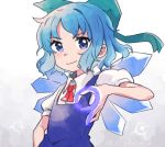  &gt;:) 9 artist_name blue_eyes blue_hair bow cirno hair_bow hand_gesture ice ice_wings looking_at_viewer mogamiya_honu neck_ribbon number ribbon short_hair solo touhou upper_body wings 