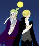  2_boys bandage blonde_hair cloaks ear_rings fangs green_hair hair_knots kimonos looking_at_viewers multiple_boys one_piece roronoa_zoro sanji scars stitches vampires zombies 