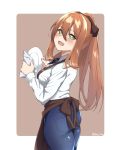  :d apron blush brown_background commentary cowboy_shot denim dishwashing from_behind girls_frontline green_eyes hair_ribbon highres jeans long_hair looking_at_viewer looking_back m1903_springfield_(girls_frontline) open_mouth orange_hair pants ponytail ribbon smile solo spicy_moo twitter_username two-tone_background waist_apron white_background 