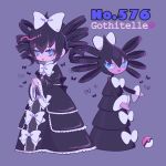  black_hair blue_eyes bow character_name drill_hair full_body gen_5_pokemon gothitelle hair_between_eyes hair_bow juliet_sleeves long_hair long_sleeves mameeekueya moemon personification poke_ball pokemon pokemon_(creature) puffy_sleeves purple_hair sidelocks spiral white_bow wide_sleeves 