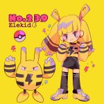  bangs black_legwear blonde_hair blunt_bangs bow chain character_name elekid gen_2_pokemon hair_bow head_tilt highres lightning_bolt long_hair long_sleeves looking_at_viewer mameeekueya moemon personification poke_ball pokemon pokemon_(creature) shirt shoes simple_background striped twintails yellow_background yellow_footwear yellow_shirt 