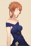  bare_shoulders brown_hair collarbone dress evening_gown girls_frontline green_eyes m1903_springfield_(girls_frontline) md5_mismatch oka_ball smile solo wreath 