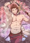  abs adonis_belt argyle argyle_background belt chest drawing_sword granblue_fantasy highres looking_at_viewer male_focus male_swimwear mazjojo nipples off_shoulder open_mouth parted_lips percival_(granblue_fantasy) red_background red_eyes red_hair smile solo swim_trunks swimsuit swimwear toned toned_male 