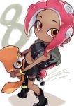  asymmetrical_legwear bag boots breasts commentary_request dark_skin full_body high_heel_boots high_heels io_naomichi makeup mascara midriff navel octoling orange_eyes red_hair skirt solo splatoon_(series) splatoon_2 splatoon_2:_octo_expansion squid squidbeak_splatoon tentacle_hair 