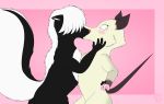  2018 4_fingers black_fur blush digital_media_(artwork) dreamworks duo erect_tail female female/female french_kissing fur hair hair_over_eyes hand_around_waist heather_(over_the_hedge) hi_res kissing ky_(malamute) mammal marsupial multicolored_fur opossum over_the_hedge pink_background pink_nose raised_tail red_nose semi-anthro simple_background skunk stella_(over_the_hedge) striped_tail stripes surprise virginia_opossum white_fur white_hair wide_eyed 