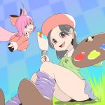  adeleine artist_request black_hair blue_eyes dress fairy fairy_wings flying grass highres kirby_(series) kirby_64 miniskirt multiple_girls paint paintbrush pink_hair purple_eyes ribbon ribbon_(kirby) skirt third-party_source upskirt wings 