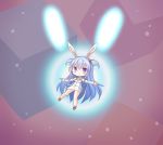  animal_ears blue_hair blush bunny_ears chibi commentary detached_sleeves dress english_commentary eyebrows_visible_through_hair eyes_visible_through_hair frr_(akf-hs) hair_bobbles hair_ornament highres long_hair looking_at_viewer noah_(rabi_ribi) outstretched_arms purple_eyes rabi-ribi smile solo spread_arms two_side_up very_long_hair 