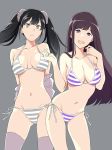  :d arms_behind_back ass_visible_through_thighs bikini black_hair breasts cleavage closed_mouth contrapposto cowboy_shot earrings eyebrows_visible_through_hair grey_background grey_bikini grey_eyes halterneck jacket jewelry large_breasts long_hair looking_at_viewer medium_breasts multiple_girls navel nonaka_nono off_shoulder open_clothes open_jacket open_mouth original purple_bikini purple_eyes purple_hair side-tie_bikini sidelocks simple_background smile standing striped striped_bikini stud_earrings swimsuit thighhighs twintails 