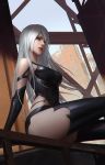  android armlet black_shorts blue_eyes boots building commentary construction_site elbow_gloves from_below girder gloves head_tilt nier_(series) nier_automata painting qichao_wang red_lips robot_joints short_shorts shorts silver_hair sitting skin_tight steel_beam tank_top thigh_boots thighhighs thighs under_construction yorha_type_a_no._2 