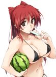  bikini black_bikini blush breasts brown_eyes food fruit holding kousaka_tamaki large_breasts licking long_hair navel popsicle red_hair simple_background solo swimsuit to_heart_2 tongue tongue_out two_side_up watermelon white_background zekkyon 