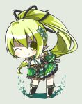  bare_shoulders breasts chibi cleavage detached_sleeves elf elsword flower green_sleeves hair_between_eyes hair_ornament hand_on_hip leaning_forward long_hair long_ponytail looking_at_viewer one_eye_closed pointy_ears rena_(elsword) sakumo_(karatama) simple_background smile solo standing wind_sneaker_(elsword) 