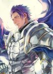  armor blue_cape cape fate/grand_order fate_(series) fisheep knight lancelot_(fate/grand_order) looking_at_viewer male_focus purple_eyes purple_hair signature simple_background solo white_armor white_background 