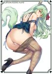  absurdres alternate_costume ass bare_arms bare_shoulders black_footwear blue_dress blush breasts censored character_name dress ex-keine feet_out_of_frame from_behind green_hair heart high_heels highres horn horn_ribbon horns kamishirasawa_keine large_breasts light_green_hair long_hair looking_at_viewer looking_back moneti_(daifuku) nipples pantyhose pantyhose_pull parted_lips pubic_hair red_eyes red_ribbon ribbon scan see-through simple_background smile solo strap_slip tail touhou white_background 
