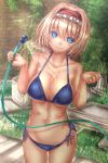  alice_margatroid ass_visible_through_thighs bikini blonde_hair blue_bikini blue_eyes blush breasts brick_wall collarbone cowboy_shot grass hair_between_eyes hairband hands_up head_tilt highres hips hose large_breasts looking_at_viewer outdoors plant potted_plant shiny shiny_hair short_hair shounen_(hogehoge) smile solo stomach string_bikini swimsuit thighs touhou walkway water 