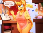 2018 anthro apron areola breasts clothing creme_poni cutie_mark dialogue digital_media_(artwork) earth_pony english_text equine fan_character female food hair hi_res horse kitchen looking_at_viewer mammal my_little_pony naked_apron nipple_bulge open_mouth pie pony replica_(artist) slightly_chubby solo text thick_thighs voluptuous 