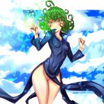  black_dress breasts closed_mouth covered_navel covered_nipples curly_hair dress green_eyes green_hair long_hair nike_(0306) no_panties one-punch_man pussy short_hair side_slit small_breasts standing tatsumaki uncensored 