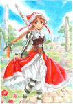  blue_sky bonnet bow braid brown_hair cloud coat cobblestone commentary_request cordelia_(saga) day dress feet_out_of_frame flower grass green_bow hair_bow head_scarf juliet_sleeves long_hair long_sleeves outdoors pantyhose pillar polearm puffy_sleeves red_eyes ruins saga saga_frontier_2 sett sio2_(nisankakeiso) skirt_hold sky smile solo standing stone striped striped_legwear traditional_media tree twin_braids vertical_stripes very_long_hair vest weapon 