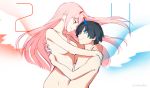  1girl arm_around_neck bangs black_hair blue_eyes blue_horns breasts commentary_request couple darling_in_the_franxx green_eyes hair_ornament hairband hand_on_another's_shoulder hands_on_another's_back hetero highres hiro_(darling_in_the_franxx) horns hug long_hair looking_at_another medium_breasts nude oni_horns pink_hair red_horns signature toma_(norishio) white_hairband white_wings wings zero_two_(darling_in_the_franxx) 
