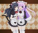  ;d alternate_costume animal_ears apron argyle argyle_background black_dress black_hair blush cat_ears cat_tail commentary_request cowboy_shot dress enmaided garter_straps hair_between_eyes head_to_head heart heart_hands long_hair long_sleeves looking_at_viewer maid maid_headdress multiple_girls nepgear neptune_(series) one_eye_closed open_mouth puffy_short_sleeves puffy_sleeves purple_eyes purple_hair red_eyes short_sleeves smile tail thighhighs translation_request uni_(choujigen_game_neptune) very_long_hair waruga white_apron white_legwear 