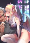  1boy 1girl age_difference ball_gag blonde_hair blush bondage bound_wrists earrings ears eyes_closed femdom gloves gray_hair licking long_hair nail_polish necklace nipples nun out_of_frame pointy_ears priest red_eyes see-through short_hair smoke_(flyx21) succubus tape thighhighs tongue wings 