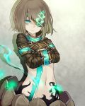  aqua_eyes bobi_(user_bjq8943) bound bound_arms brown_hair commentary_request dark_persona empty_eyes expressionless eyepatch gretel_(sinoalice) half-nightmare looking_at_viewer midriff navel pale_skin shaded_face sinoalice solo straitjacket 