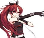  absurdres alternate_costume bad_id bad_twitter_id bare_shoulders belt black_gloves black_ribbon commentary gloves highres long_hair mahou_shoujo_madoka_magica misteor music open_mouth ponytail red_eyes red_hair ribbon sakura_kyouko singing sketch solo v-shaped_eyebrows very_long_hair white_background 
