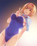  alice_margatroid animated animated_png blush breasts brown_eyes brown_hair cleavage cookie_(touhou) eyebrows_visible_through_hair gradient gradient_background hairband highres hinase_(cookie) large_breasts looking_at_viewer navel open_mouth short_hair smile solo tarmo touhou v 