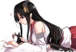  black_hair blush breasts detached_sleeves female_admiral_(kantai_collection) from_side fusou_(kantai_collection) giantess hair_ornament hakama hat heart japanese_clothes kantai_collection large_breasts long_hair looking_at_another military military_uniform multiple_girls naval_uniform on_bed red_eyes red_hakama simple_background size_difference smile thighhighs uniform utopia white_background white_hat wide_sleeves yuri 
